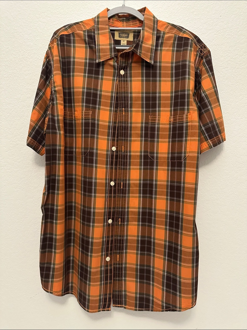 The Foundry Supply Co. Orange and Brown Short-Sleeve Plaid Button-Up Shirt
